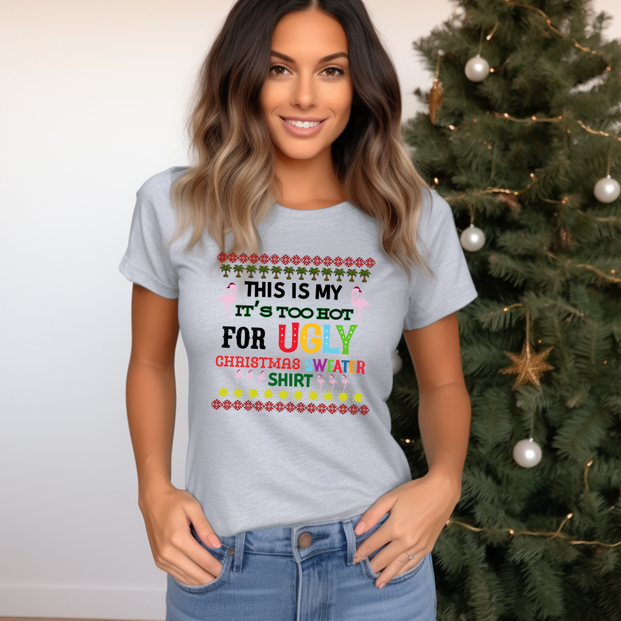 This is my It's too hot for Ugly Christmas Sweater T-Shirt - flamingos -  Funny Holiday Tee for Warm Weather| it's too hot for Christmas sweaters Shirt| | Bella+Canvas Unisex Soft Shirt