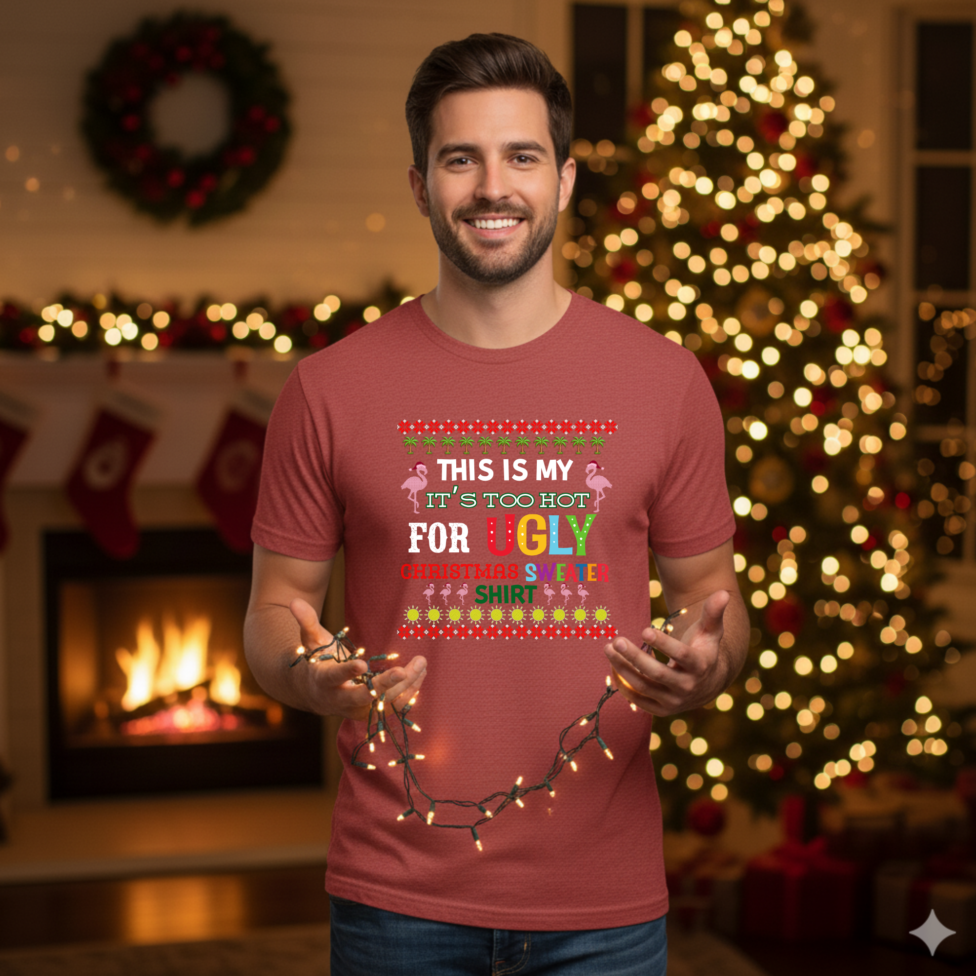 This is my It's too hot for Ugly Christmas Sweater T-Shirt - flamingos -  Funny Holiday Tee for Warm Weather| it's too hot for Christmas sweaters Shirt| | Bella+Canvas Unisex Soft Shirt
