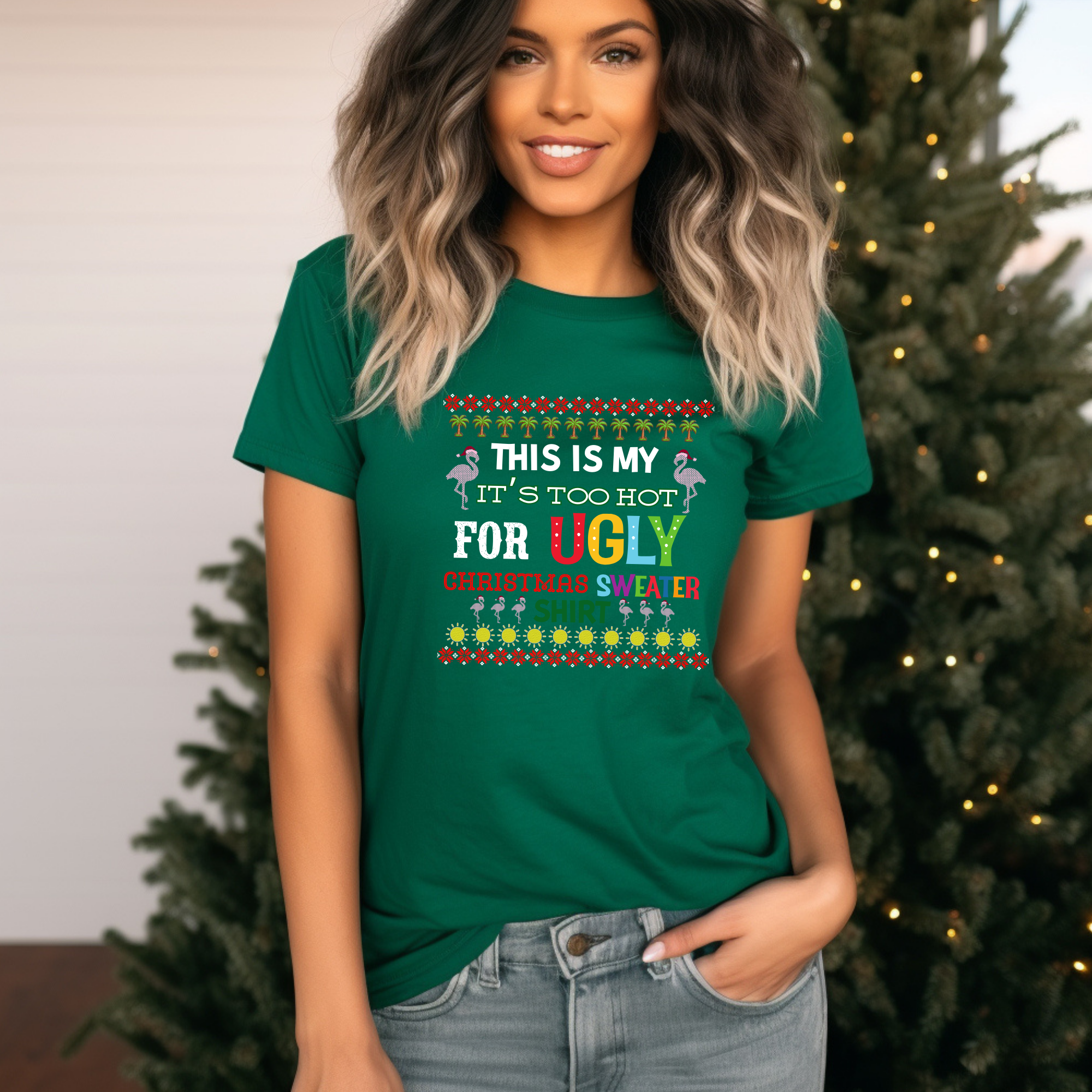 This is my It's too hot for Ugly Christmas Sweater T-Shirt - flamingos -  Funny Holiday Tee for Warm Weather| it's too hot for Christmas sweaters Shirt| | Bella+Canvas Unisex Soft Shirt