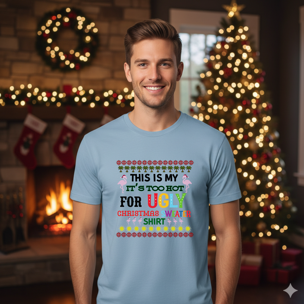 This is my It's too hot for Ugly Christmas Sweater T-Shirt - flamingos -  Funny Holiday Tee for Warm Weather| it's too hot for Christmas sweaters Shirt| | Bella+Canvas Unisex Soft Shirt