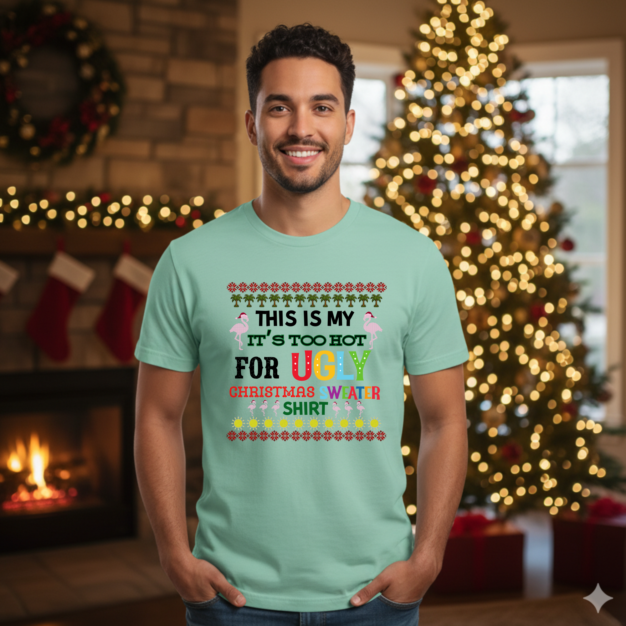 This is my It's too hot for Ugly Christmas Sweater T-Shirt - flamingos -  Funny Holiday Tee for Warm Weather| it's too hot for Christmas sweaters Shirt| | Bella+Canvas Unisex Soft Shirt