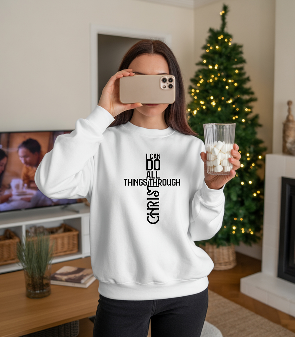 Christian T-Shirt, Sweatshirt, or Hoodie – “I Can Do All Things Through Christ” Philippians 4:13 Cross Design | Inspirational Bible Verse Apparel | Faith-Based Gift