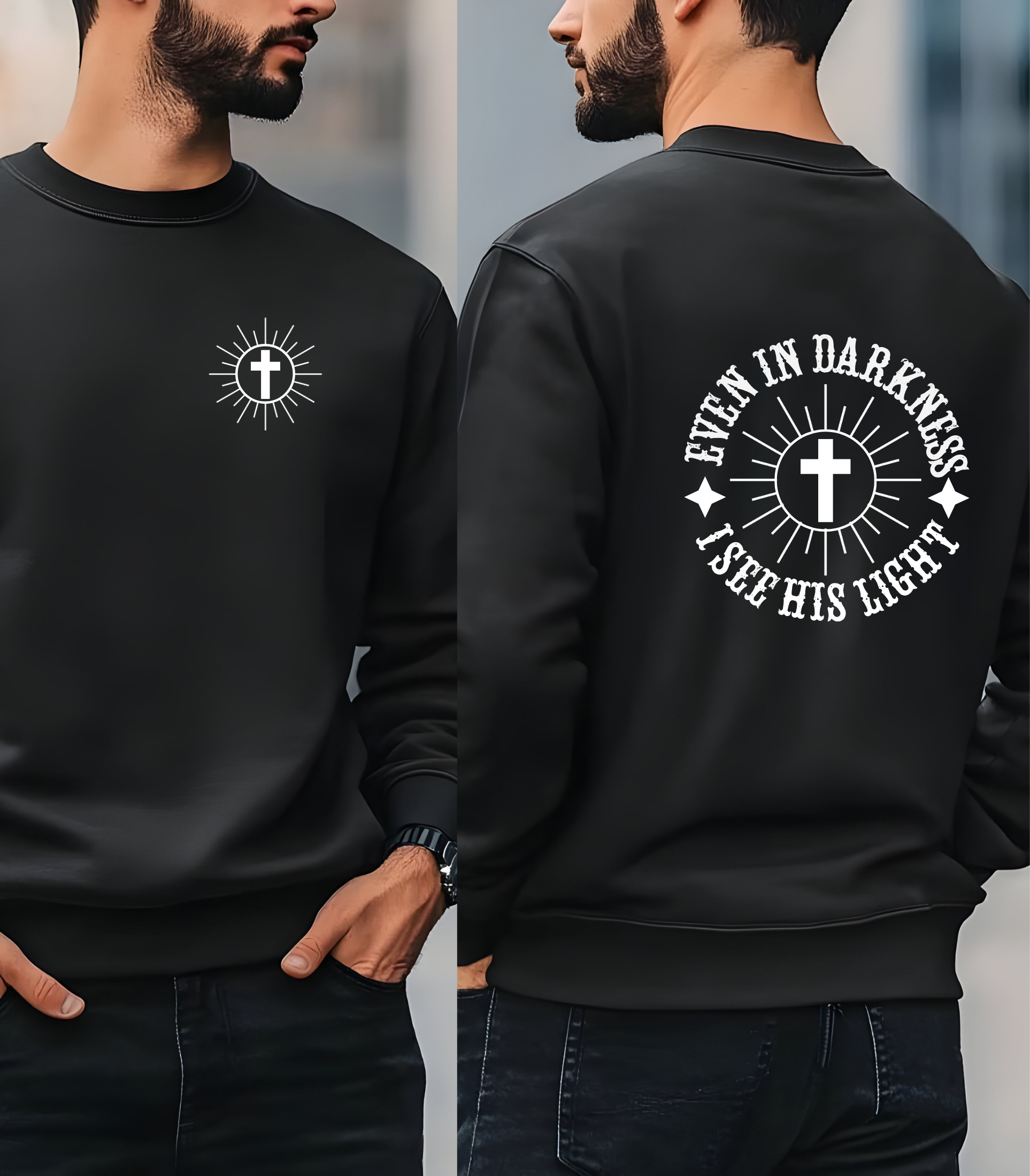 Christian Sweatshirt/T-shirt/hoodie – “Even in Darkness I See His Light” Cross clothing | Inspirational Faith Apparel for Men & Women | Religious Gift & Christian Apparel