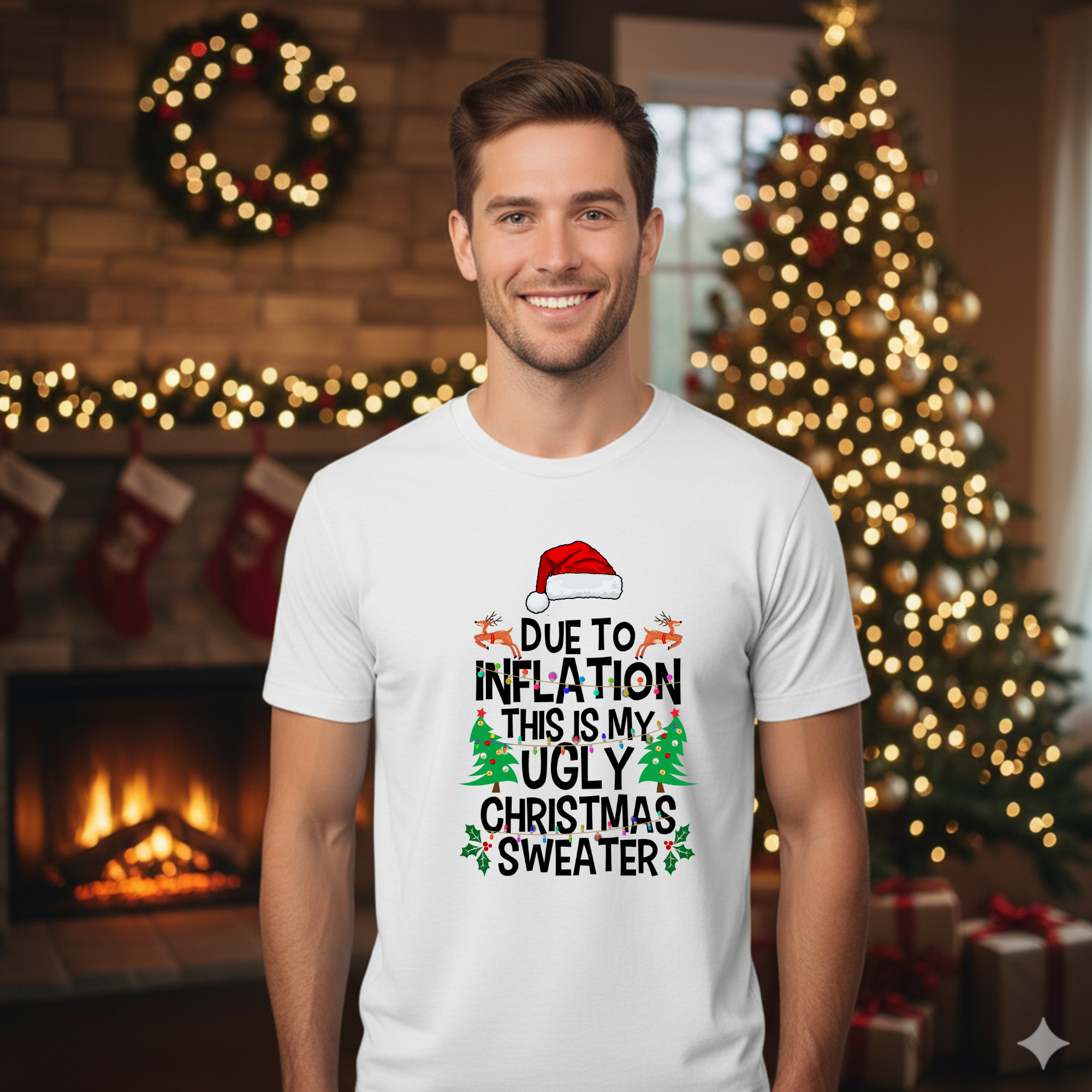 Due to inflation Ugly Christmas Sweater T-Shirt – Funny Holiday Tee for Warm Weather| it's too hot for Christmas sweaters Shirt| | Bella+Canvas Unisex Soft Shirt
