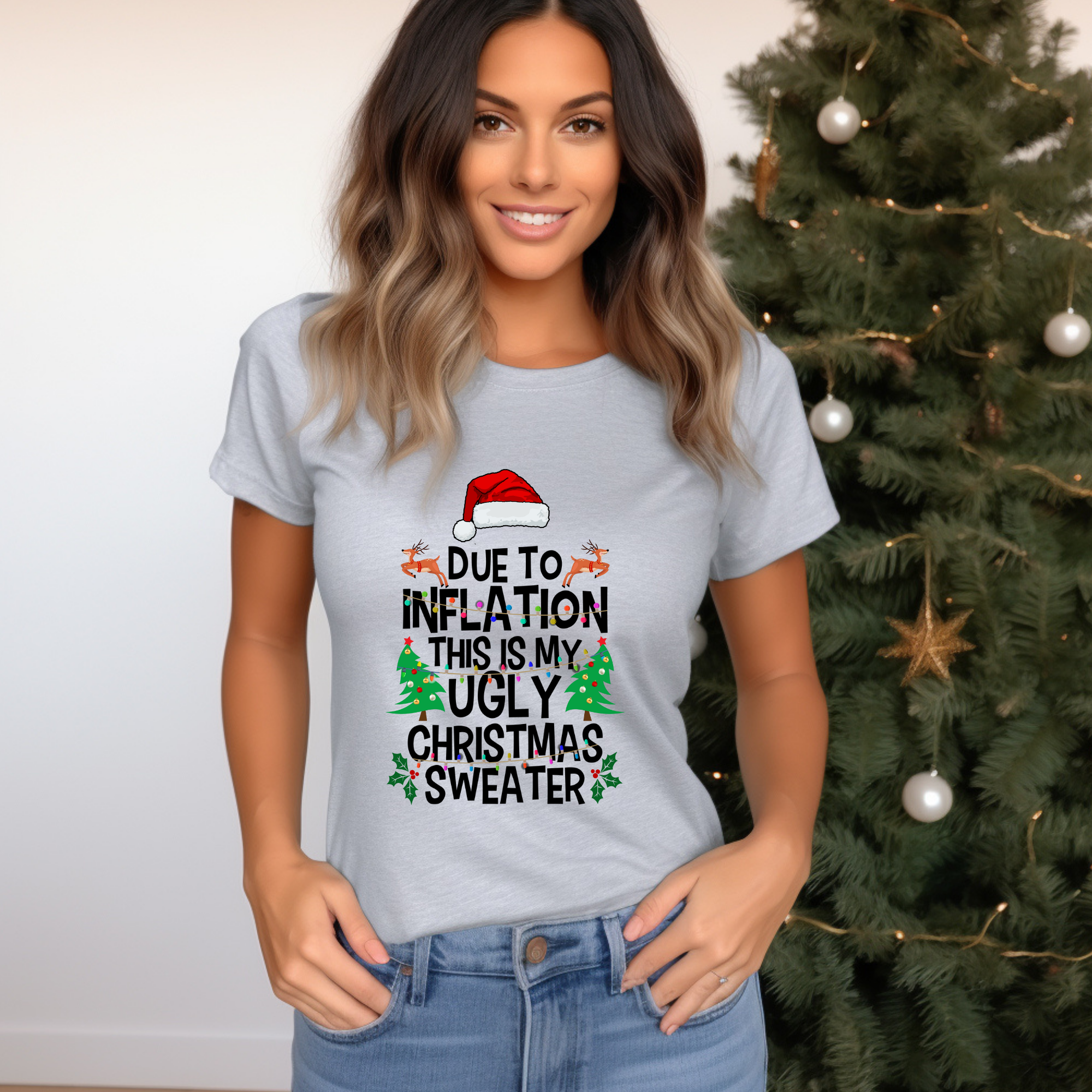 Due to inflation Ugly Christmas Sweater T-Shirt – Funny Holiday Tee for Warm Weather| it's too hot for Christmas sweaters Shirt| | Bella+Canvas Unisex Soft Shirt