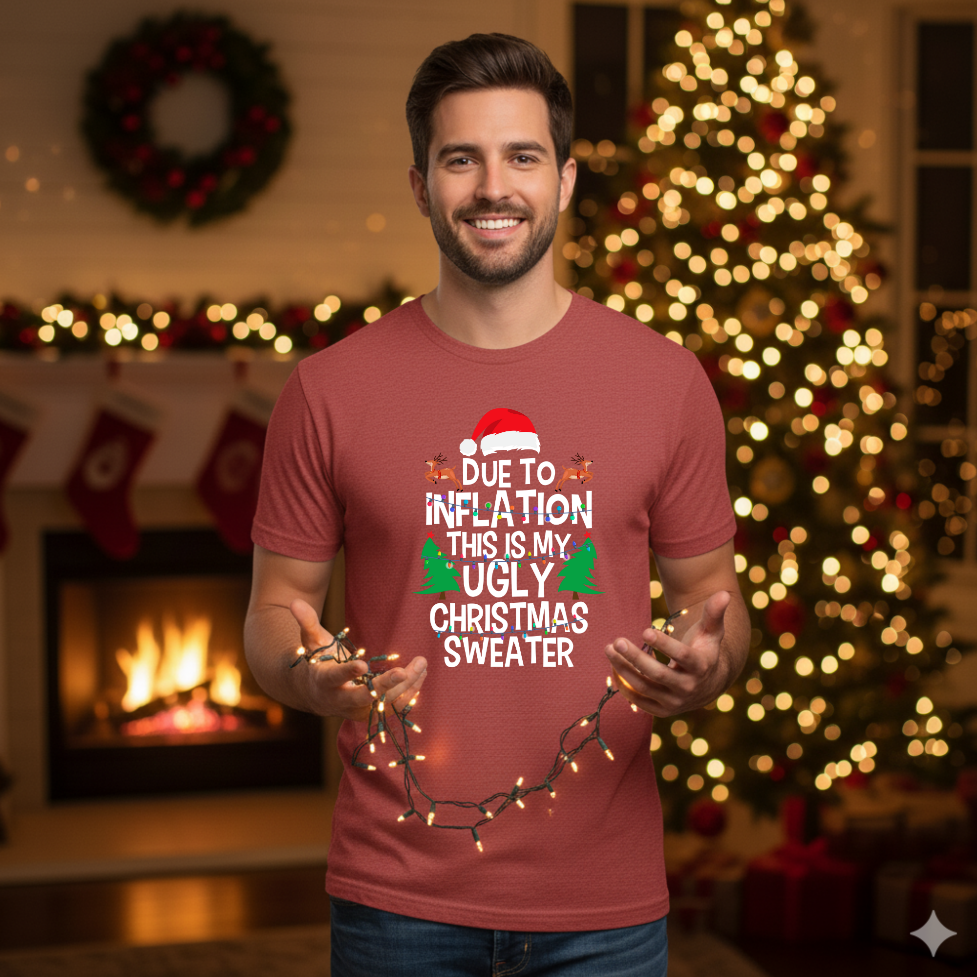 Due to inflation Ugly Christmas Sweater T-Shirt – Funny Holiday Tee for Warm Weather| it's too hot for Christmas sweaters Shirt| | Bella+Canvas Unisex Soft Shirt