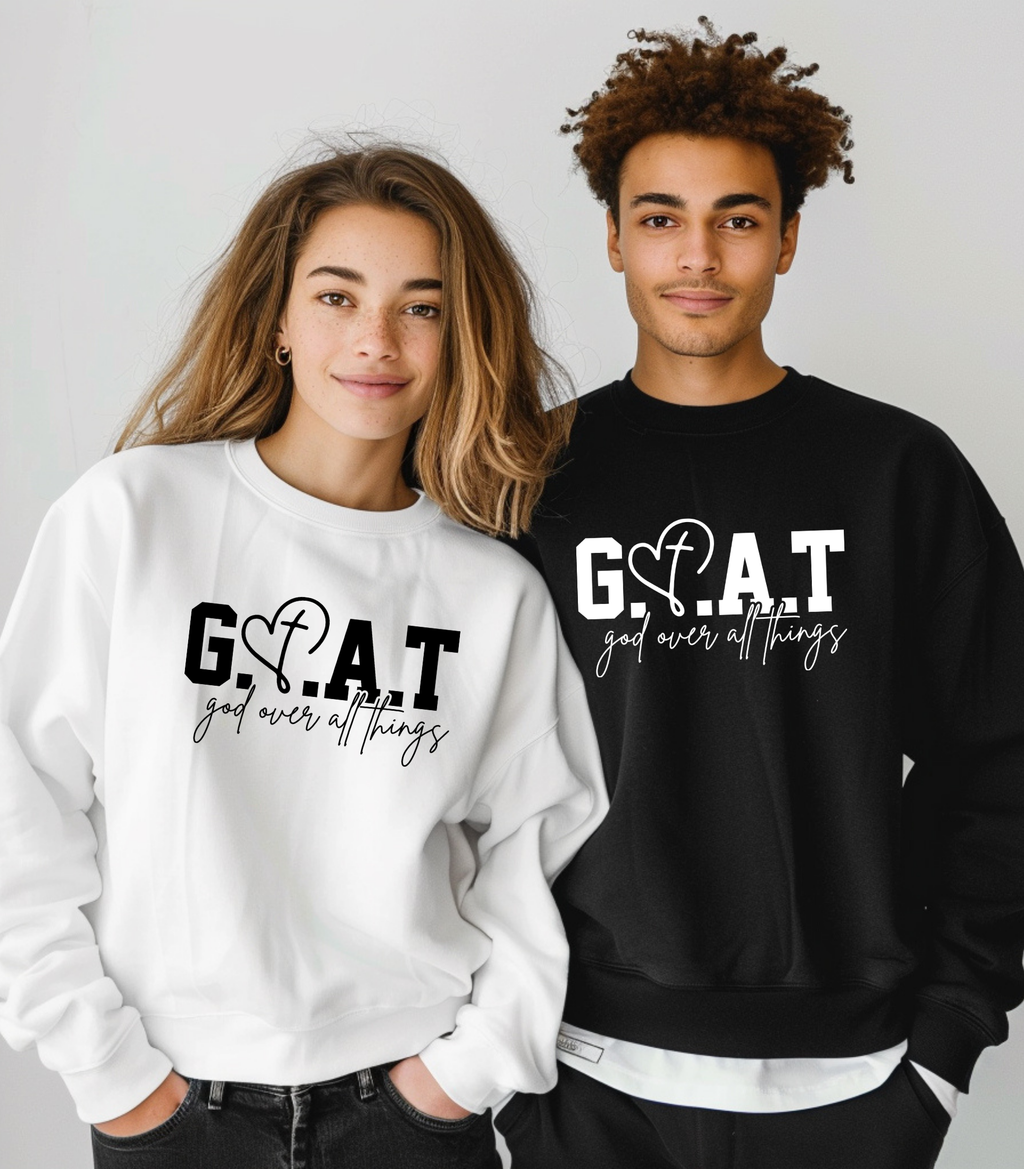 Christian Sweatshirt/T-shirt/Hoodie – “GOAT God Over All Things” Faith apparel | Bold Christian Statement for Men & Women | Religious Gift & Inspirational Apparel