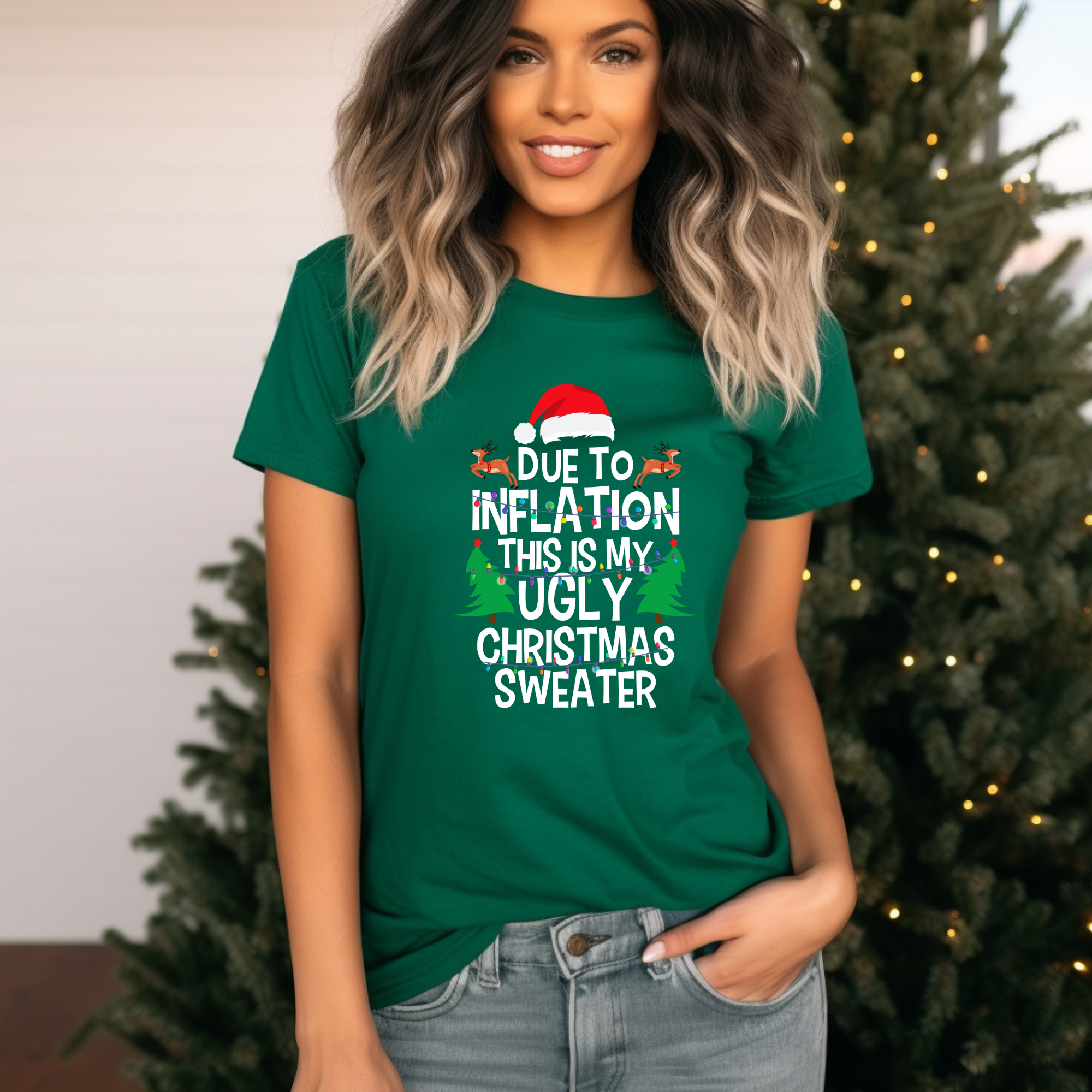 Due to inflation Ugly Christmas Sweater T-Shirt – Funny Holiday Tee for Warm Weather| it's too hot for Christmas sweaters Shirt| | Bella+Canvas Unisex Soft Shirt