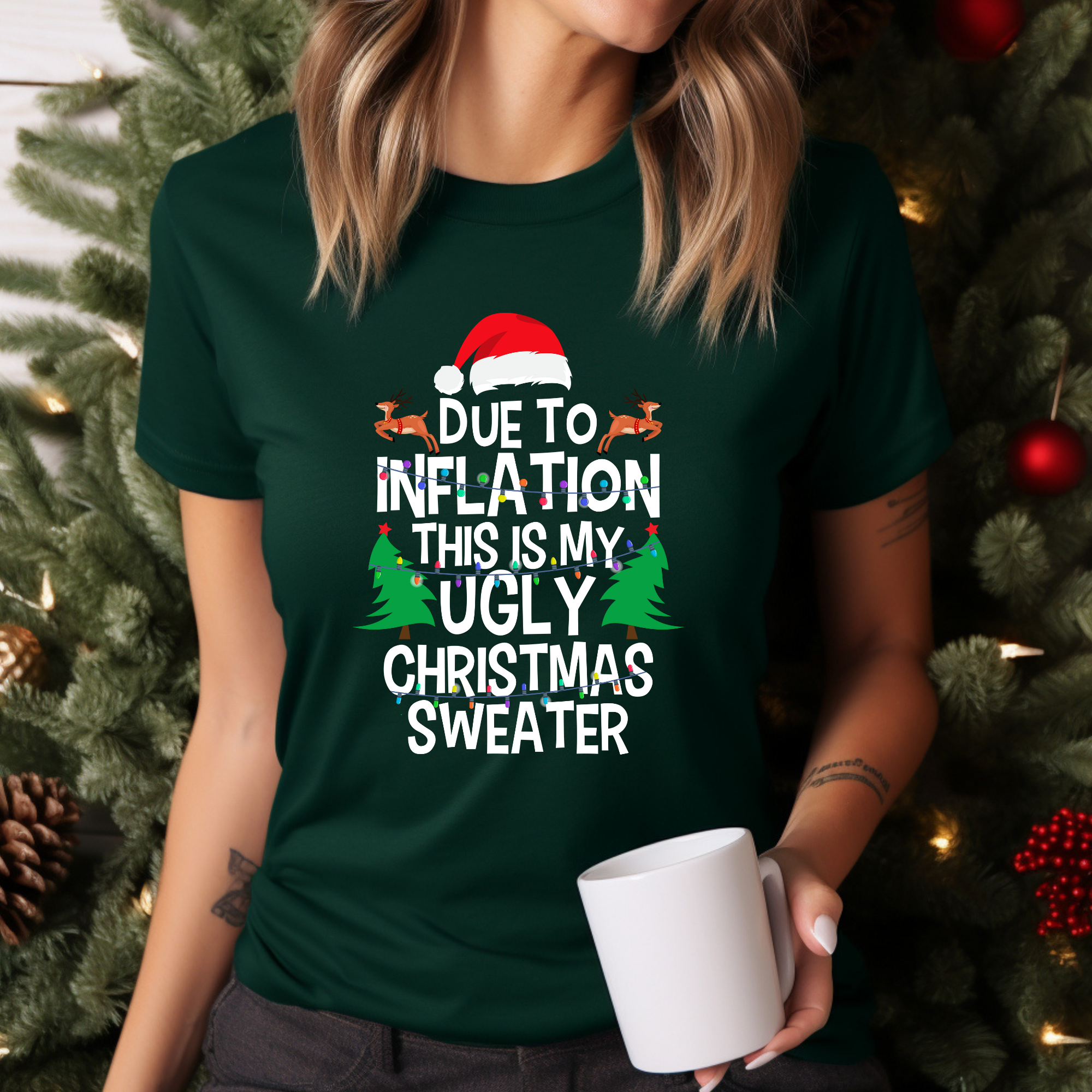 Due to inflation Ugly Christmas Sweater T-Shirt – Funny Holiday Tee for Warm Weather| it's too hot for Christmas sweaters Shirt| | Bella+Canvas Unisex Soft Shirt