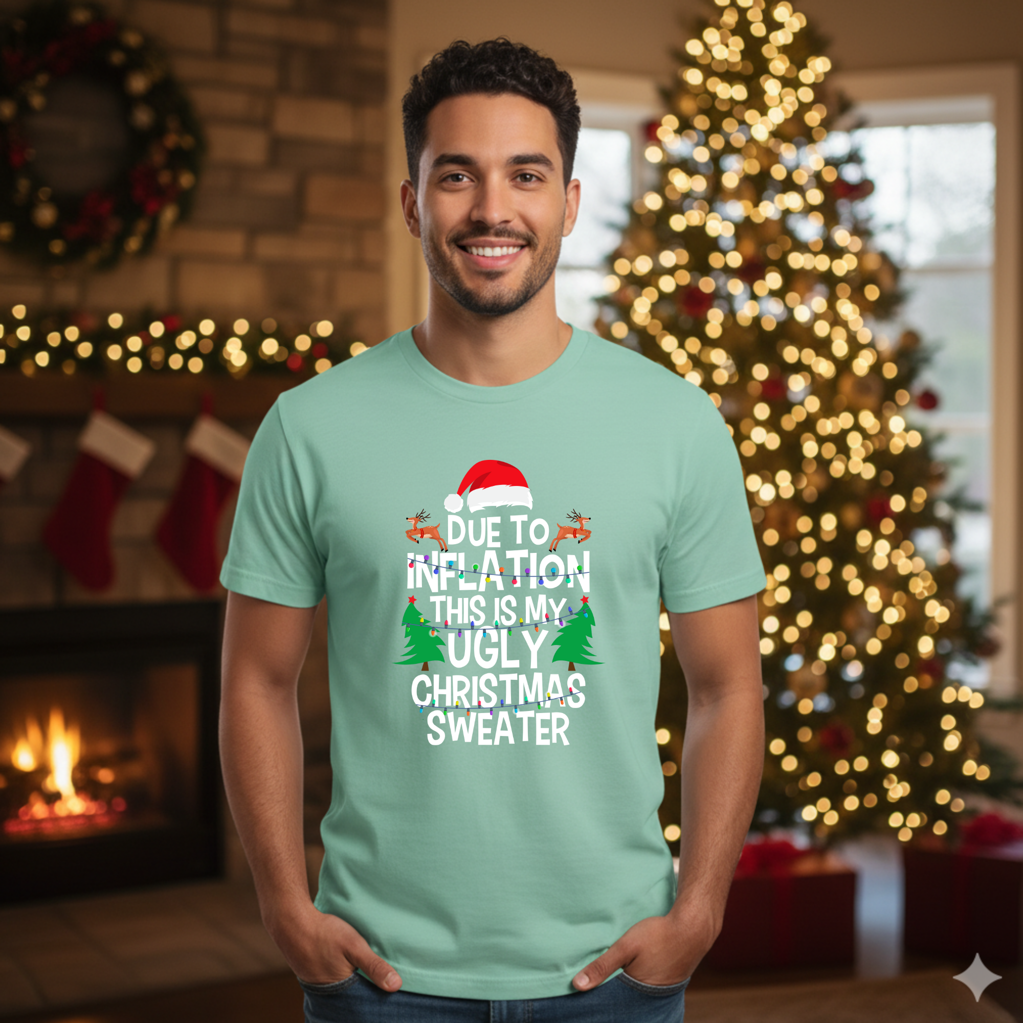 Due to inflation Ugly Christmas Sweater T-Shirt – Funny Holiday Tee for Warm Weather| it's too hot for Christmas sweaters Shirt| | Bella+Canvas Unisex Soft Shirt