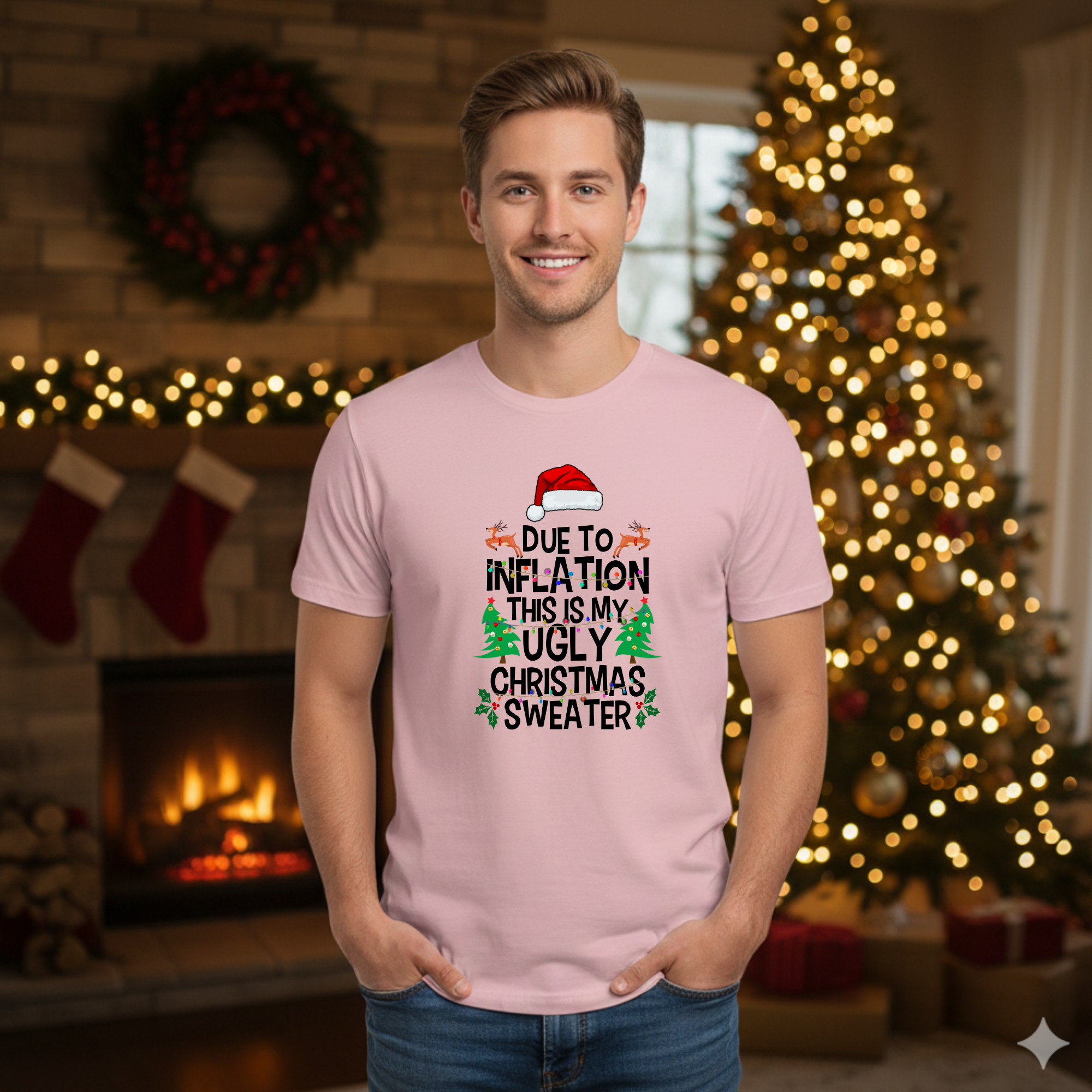 Due to inflation Ugly Christmas Sweater T-Shirt – Funny Holiday Tee for Warm Weather| it's too hot for Christmas sweaters Shirt| | Bella+Canvas Unisex Soft Shirt