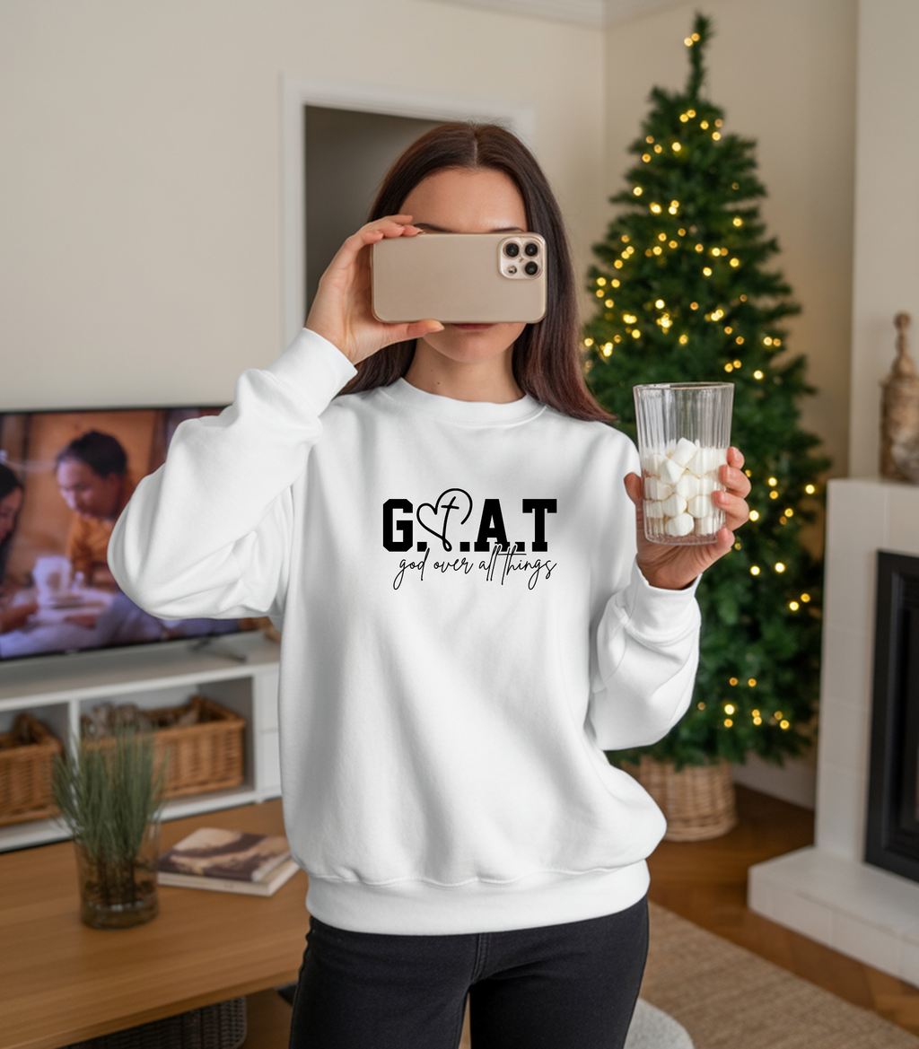 Christian Sweatshirt/T-shirt/Hoodie – “GOAT God Over All Things” Faith apparel | Bold Christian Statement for Men & Women | Religious Gift & Inspirational Apparel