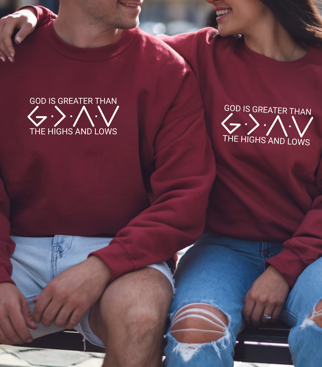 Christian Sweatshirt/Hoodie/T-shirt – “God Is Greater Than the Highs and Lows” | Faith-Based Inspirational Apparel for Men & Women | Cozy Religious Gift