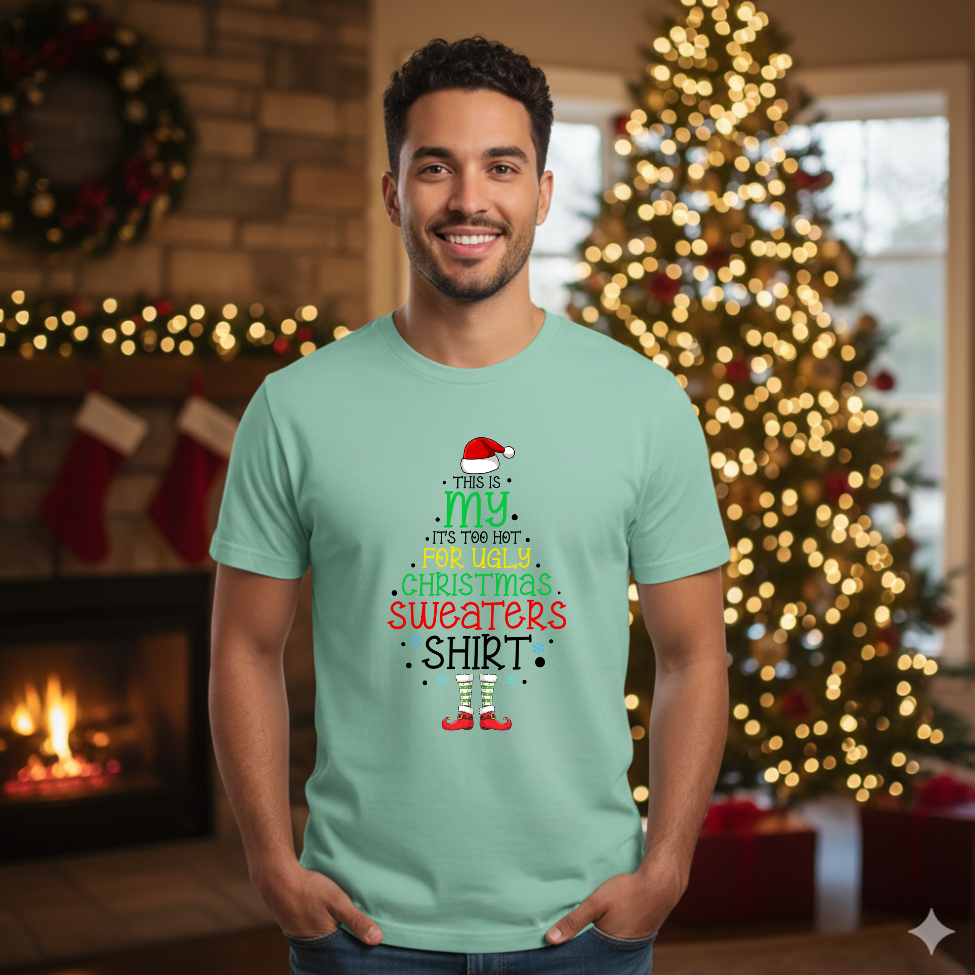 This is my it's too hot for Ugly Christmas Sweater T-Shirt - Elf - Funny Holiday Tee for Warm Weather| it's too hot for Christmas sweaters Shirt| | Bella+Canvas Unisex Soft Shirt