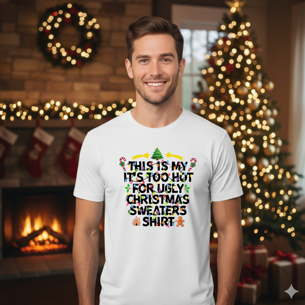 This is my it's too hot for Ugly Christmas Sweater T-Shirt - Lights - Funny Holiday Tee for Warm Weather| it's too hot for Christmas sweaters Shirt| | Bella+Canvas Unisex Soft Shirt