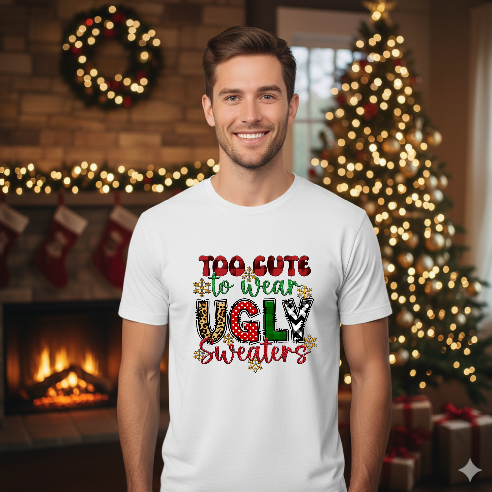 Too cute to wear Ugly Christmas Sweater T-Shirt - Funny Holiday Tee for Warm Weather| it's too hot for Christmas sweaters Shirt| | Bella+Canvas Unisex Soft Shirt