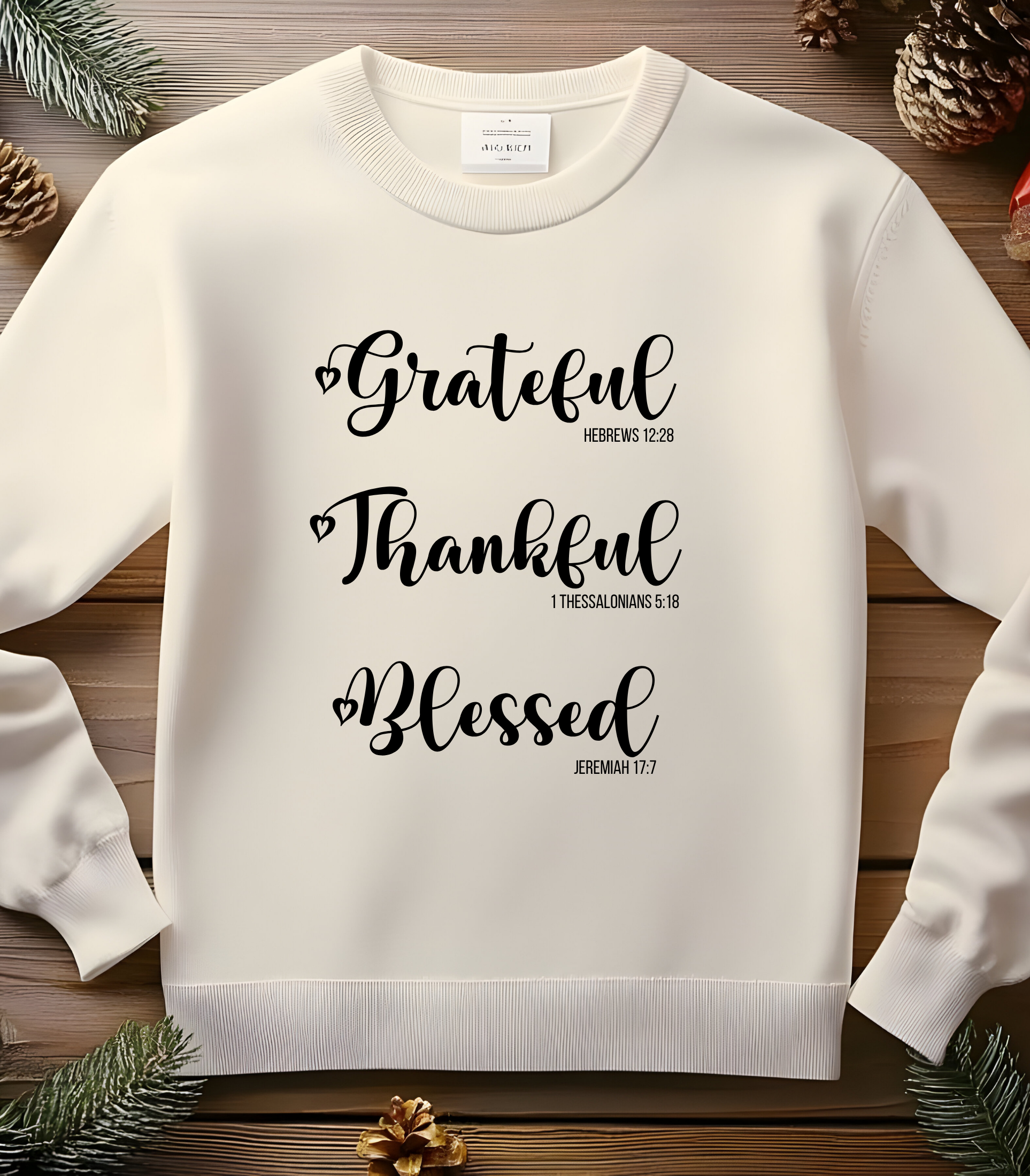 Christian Sweatshirt, T-shirt, or Hoodie – “Grateful Thankful Blessed” with Bible Verses | Hebrews 12:28 • 1 Thessalonians 5:18 • Jeremiah 17:7 Crewneck | Thanksgiving Sweatshirt |Inspirational Faith Pullover Gift