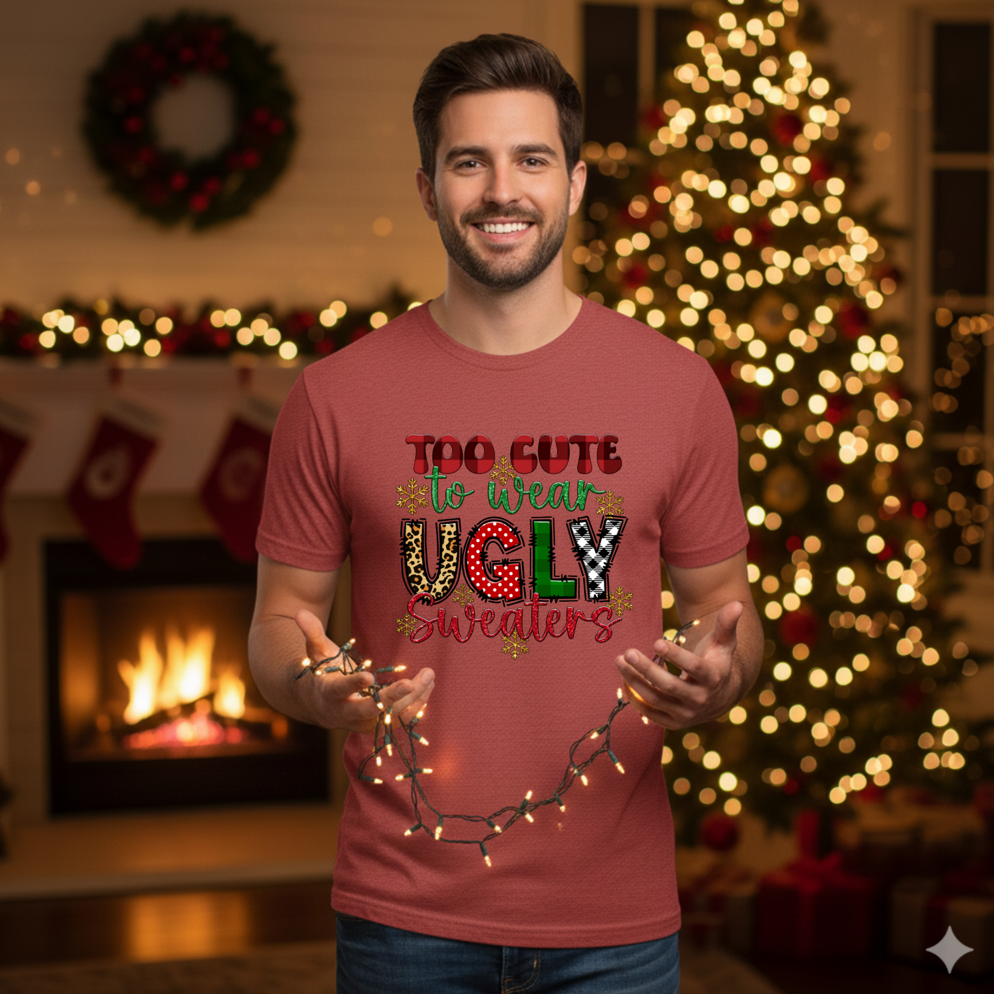 Too cute to wear Ugly Christmas Sweater T-Shirt - Funny Holiday Tee for Warm Weather| it's too hot for Christmas sweaters Shirt| | Bella+Canvas Unisex Soft Shirt