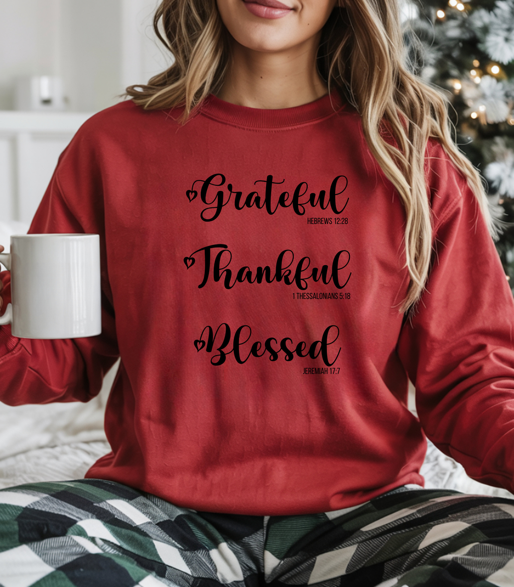 Christian Sweatshirt, T-shirt, or Hoodie – “Grateful Thankful Blessed” with Bible Verses | Hebrews 12:28 • 1 Thessalonians 5:18 • Jeremiah 17:7 Crewneck | Thanksgiving Sweatshirt |Inspirational Faith Pullover Gift