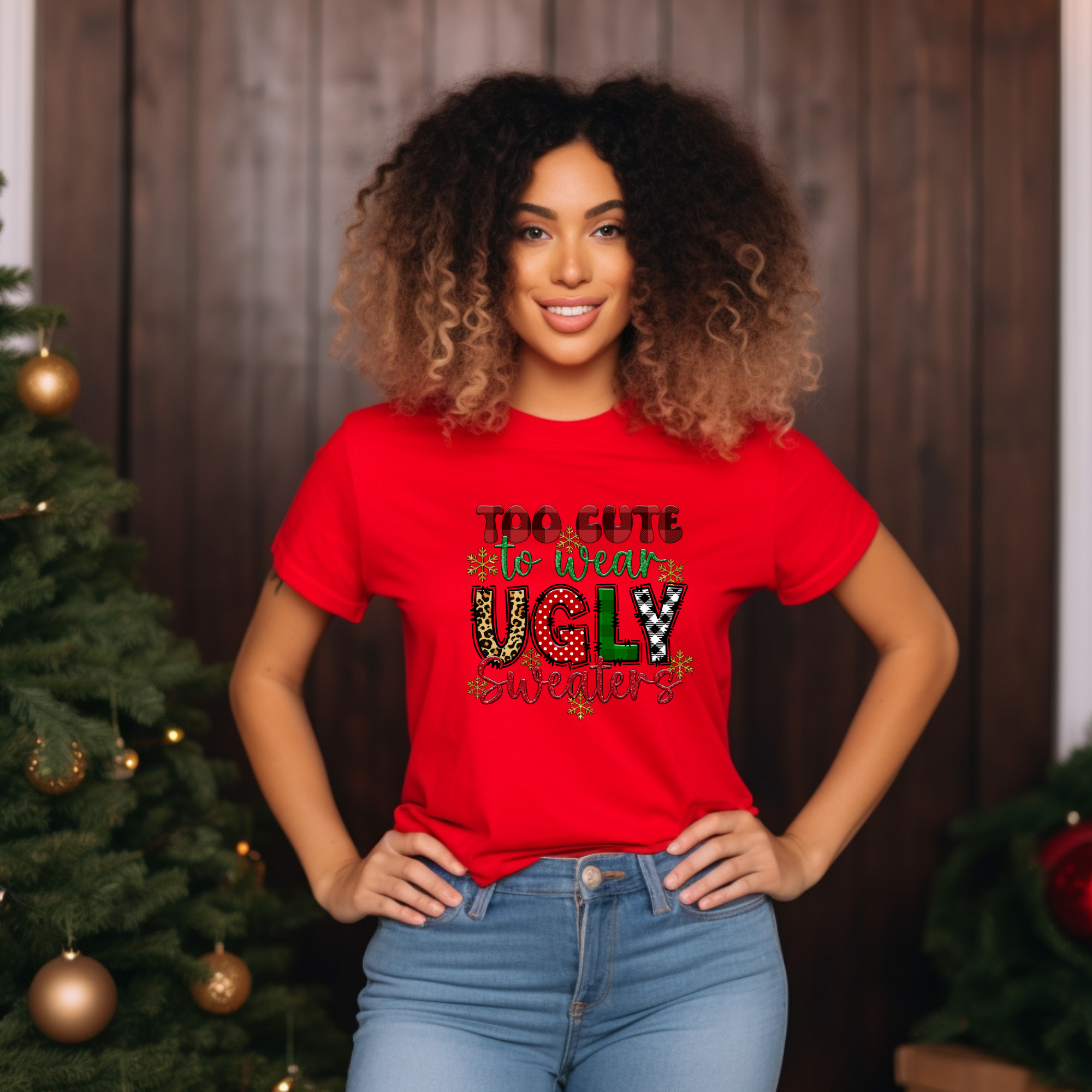 Too cute to wear Ugly Christmas Sweater T-Shirt - Funny Holiday Tee for Warm Weather| it's too hot for Christmas sweaters Shirt| | Bella+Canvas Unisex Soft Shirt