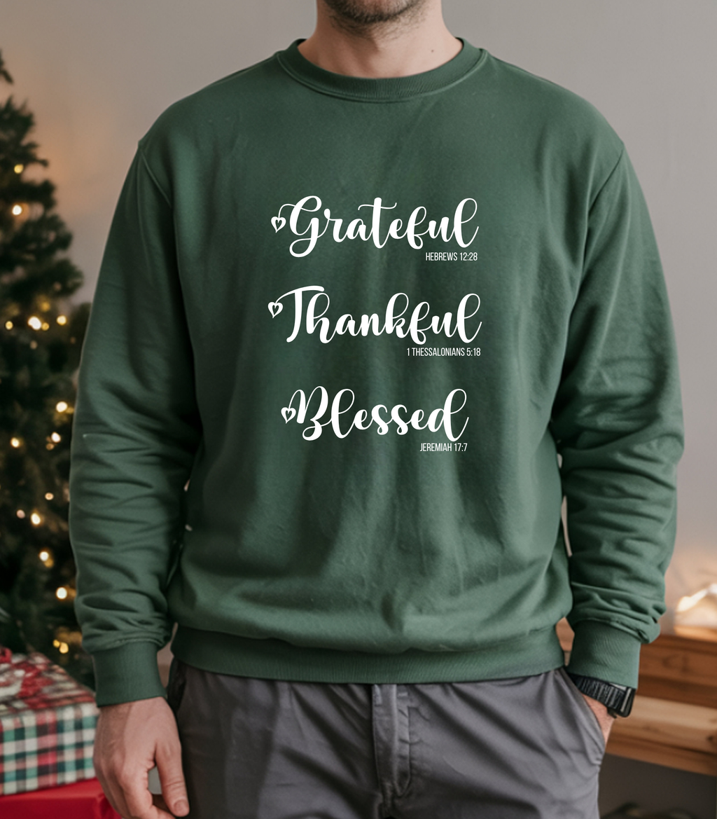 Christian Sweatshirt, T-shirt, or Hoodie – “Grateful Thankful Blessed” with Bible Verses | Hebrews 12:28 • 1 Thessalonians 5:18 • Jeremiah 17:7 Crewneck | Thanksgiving Sweatshirt |Inspirational Faith Pullover Gift