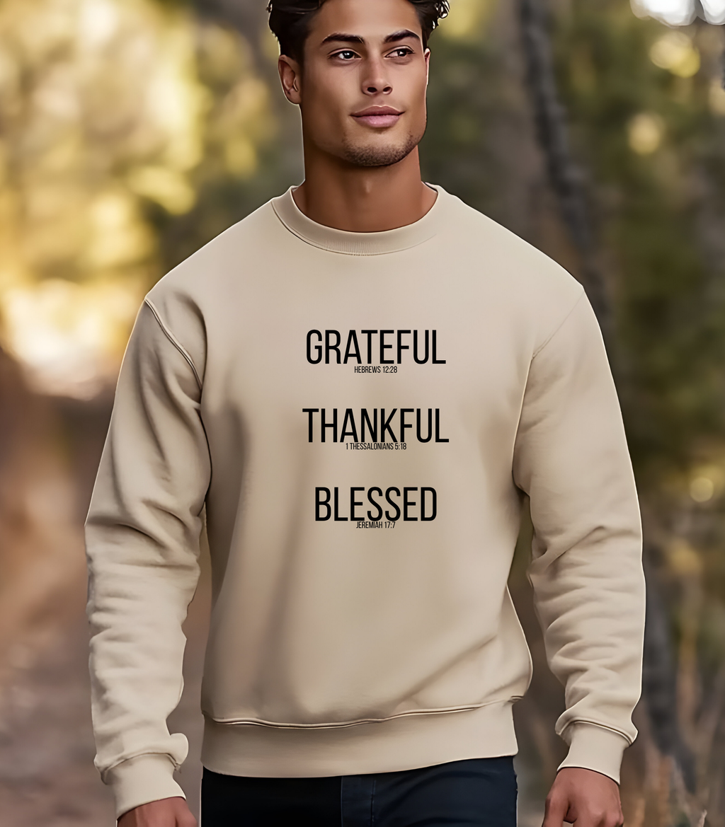 Christian Sweatshirt, T-shirt, or Hoodie – “Grateful Thankful Blessed” with Bible Verses | Hebrews 12:28 • 1 Thessalonians 5:18 • Jeremiah 17:7 Crewneck | Thanksgiving Sweatshirt |Inspirational Faith Pullover Gift