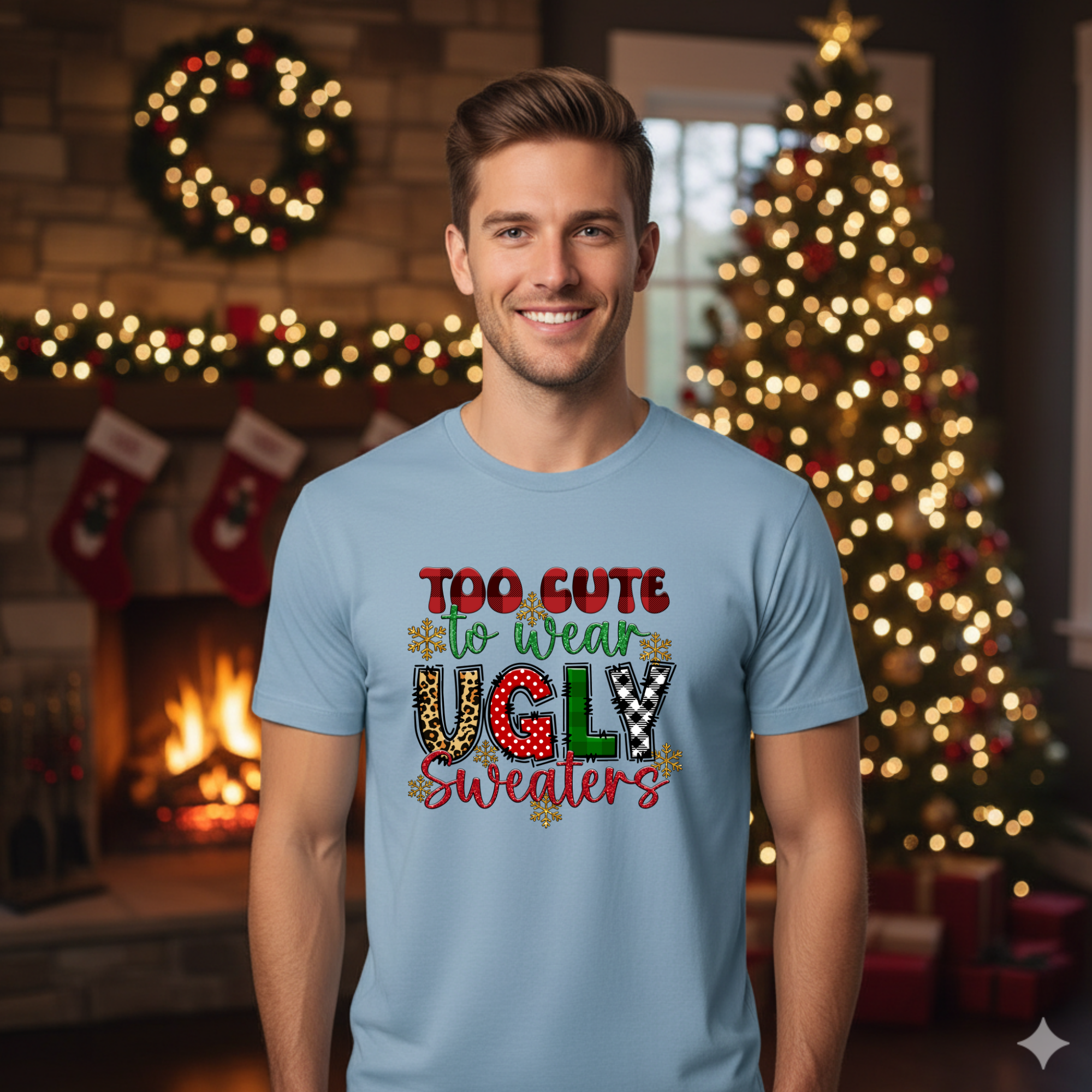 Too cute to wear Ugly Christmas Sweater T-Shirt - Funny Holiday Tee for Warm Weather| it's too hot for Christmas sweaters Shirt| | Bella+Canvas Unisex Soft Shirt