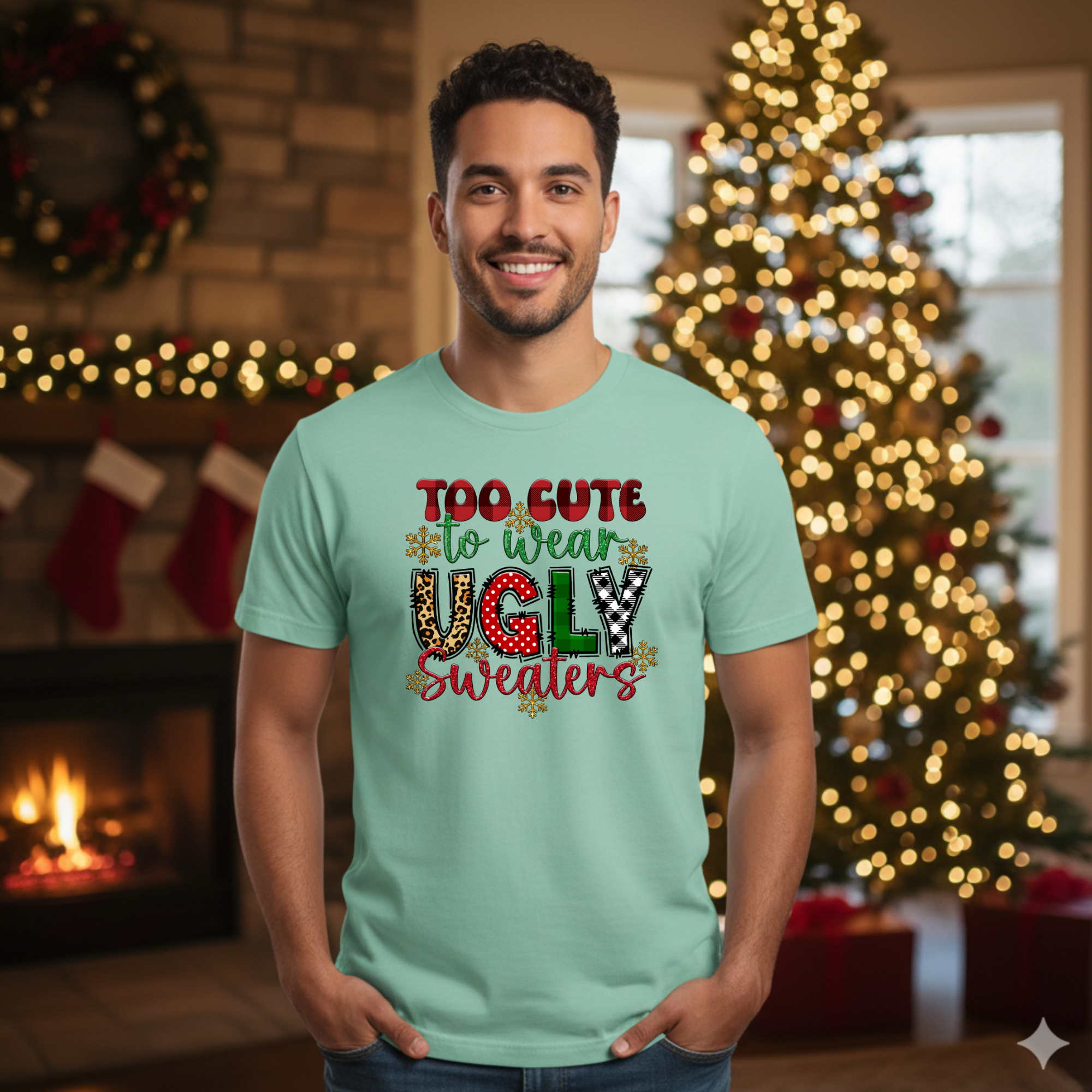 Too cute to wear Ugly Christmas Sweater T-Shirt - Funny Holiday Tee for Warm Weather| it's too hot for Christmas sweaters Shirt| | Bella+Canvas Unisex Soft Shirt