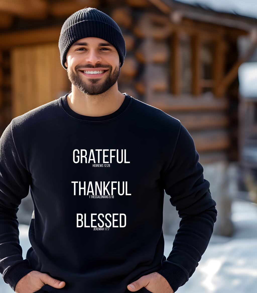 Christian Sweatshirt, T-shirt, or Hoodie – “Grateful Thankful Blessed” with Bible Verses | Hebrews 12:28 • 1 Thessalonians 5:18 • Jeremiah 17:7 Crewneck | Thanksgiving Sweatshirt |Inspirational Faith Pullover Gift
