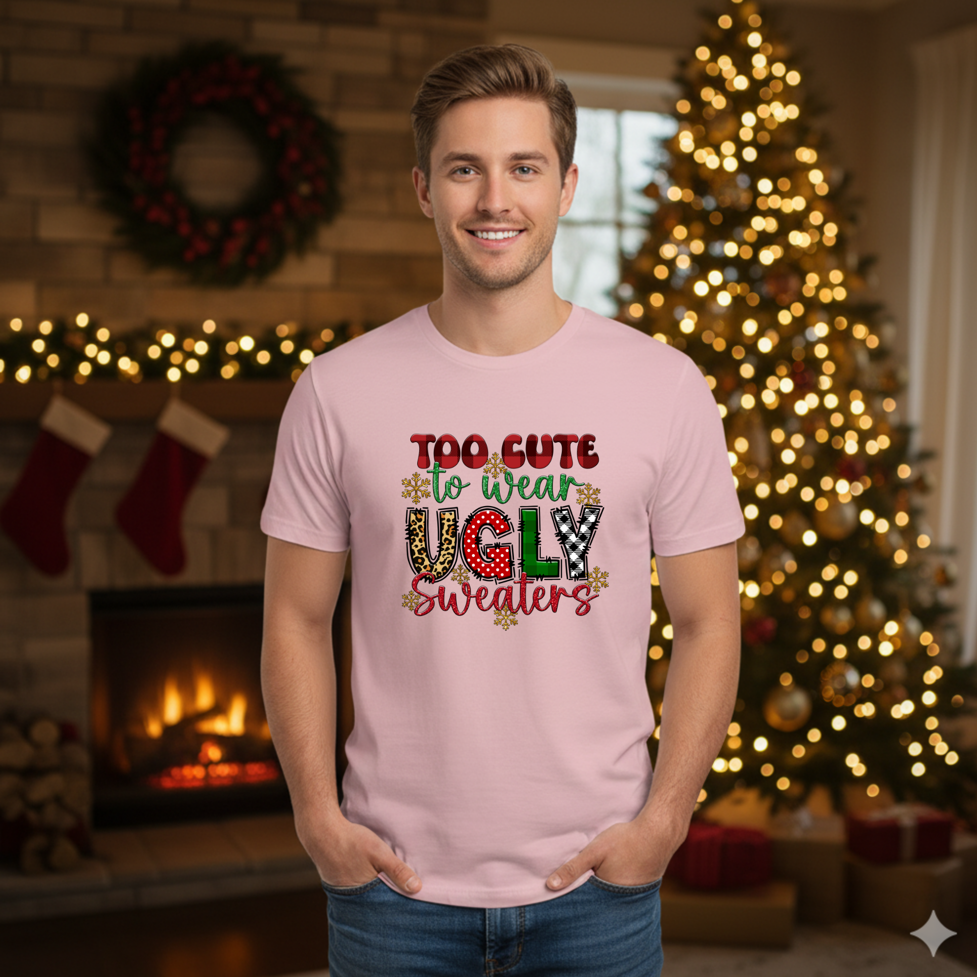 Too cute to wear Ugly Christmas Sweater T-Shirt - Funny Holiday Tee for Warm Weather| it's too hot for Christmas sweaters Shirt| | Bella+Canvas Unisex Soft Shirt