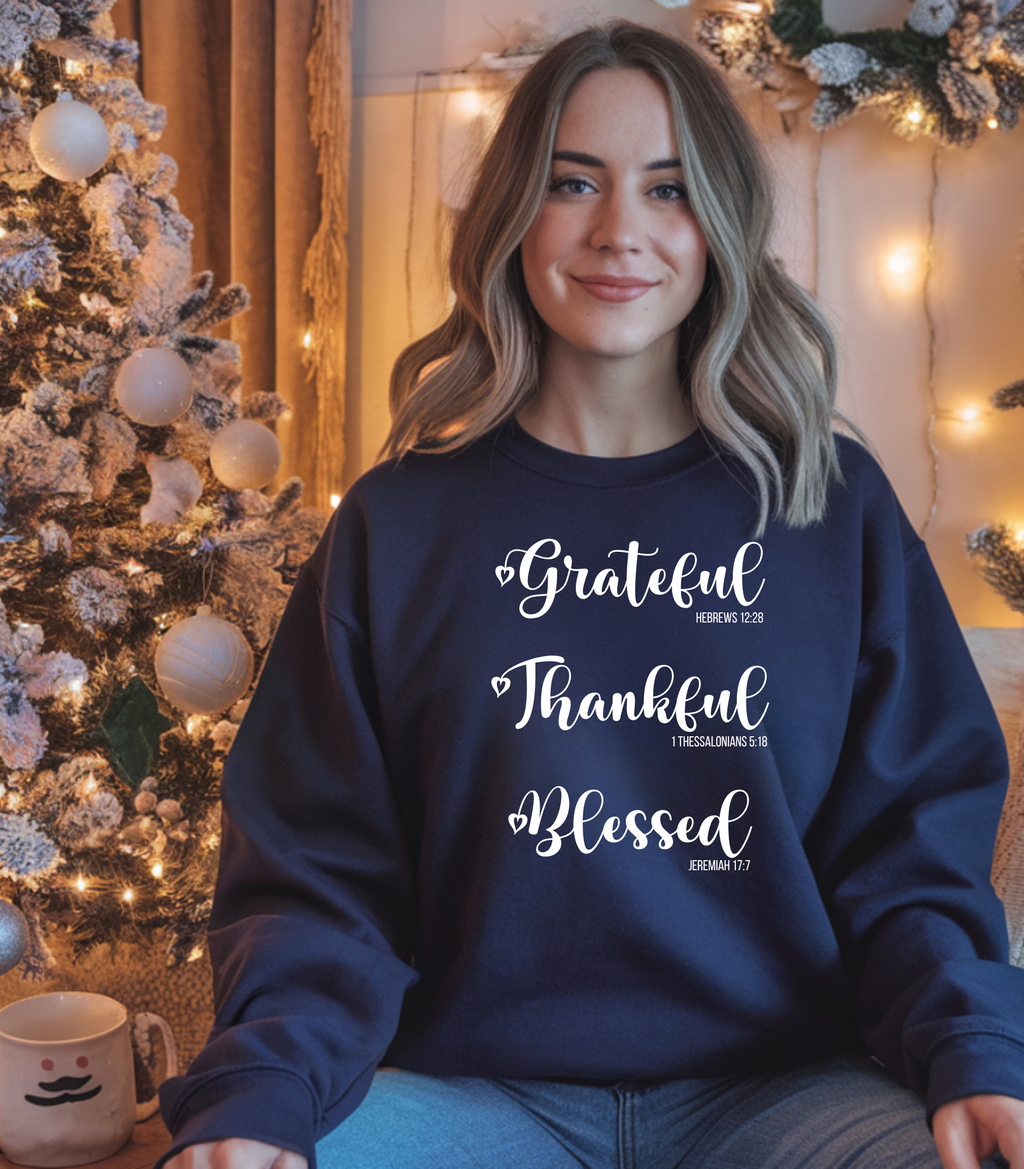 Christian Sweatshirt, T-shirt, or Hoodie – “Grateful Thankful Blessed” with Bible Verses | Hebrews 12:28 • 1 Thessalonians 5:18 • Jeremiah 17:7 Crewneck | Thanksgiving Sweatshirt |Inspirational Faith Pullover Gift