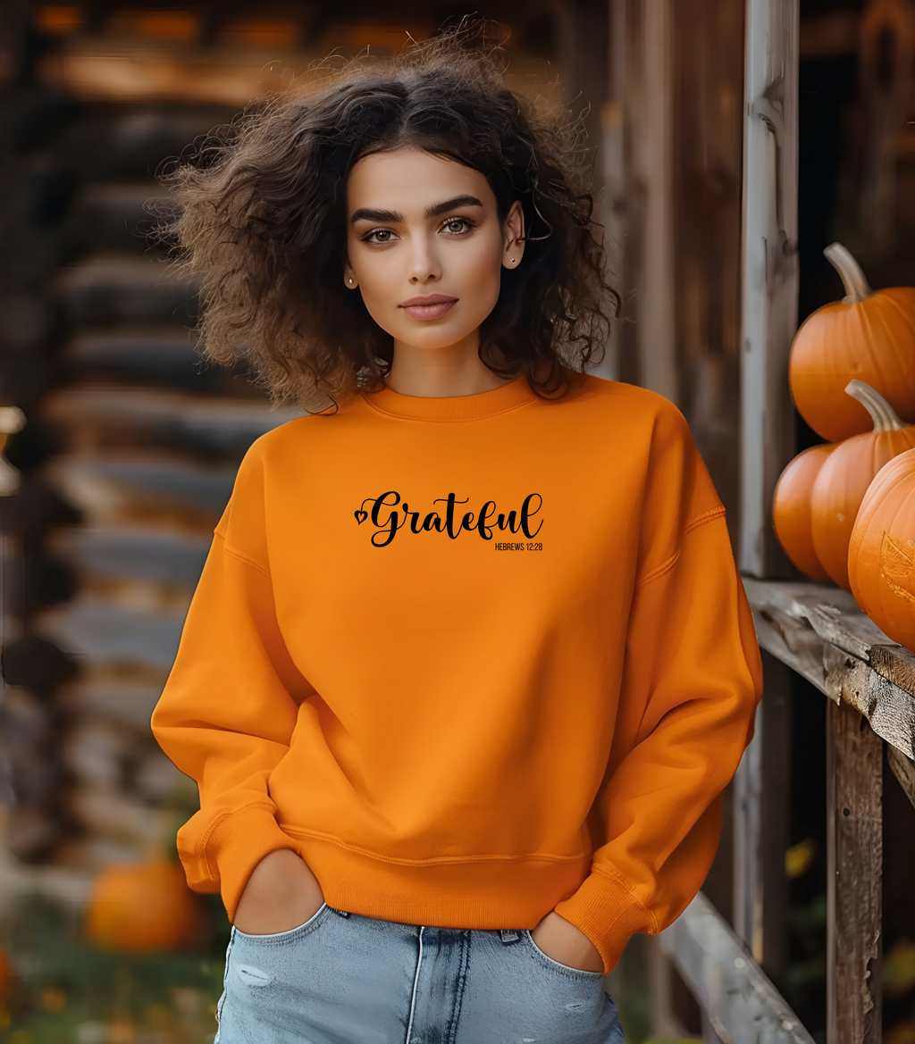 Christian Sweatshirt/t-shirt/Hoodie – “Grateful” Hebrews 12:28 Bible Verse Clothing | Faith-Based Apparel for Women & Men | Thanksgiving | Inspirational Christian Apparel & Religious Gift