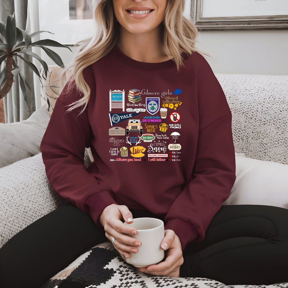 Gilmore Girls “Stars Hollow Collage” T-Shirt, Sweatshirt, or Hoodie | Fan-Favorite Quotes & Places Design | Cozy Rory & Lorelai Gift for Coffee Lovers