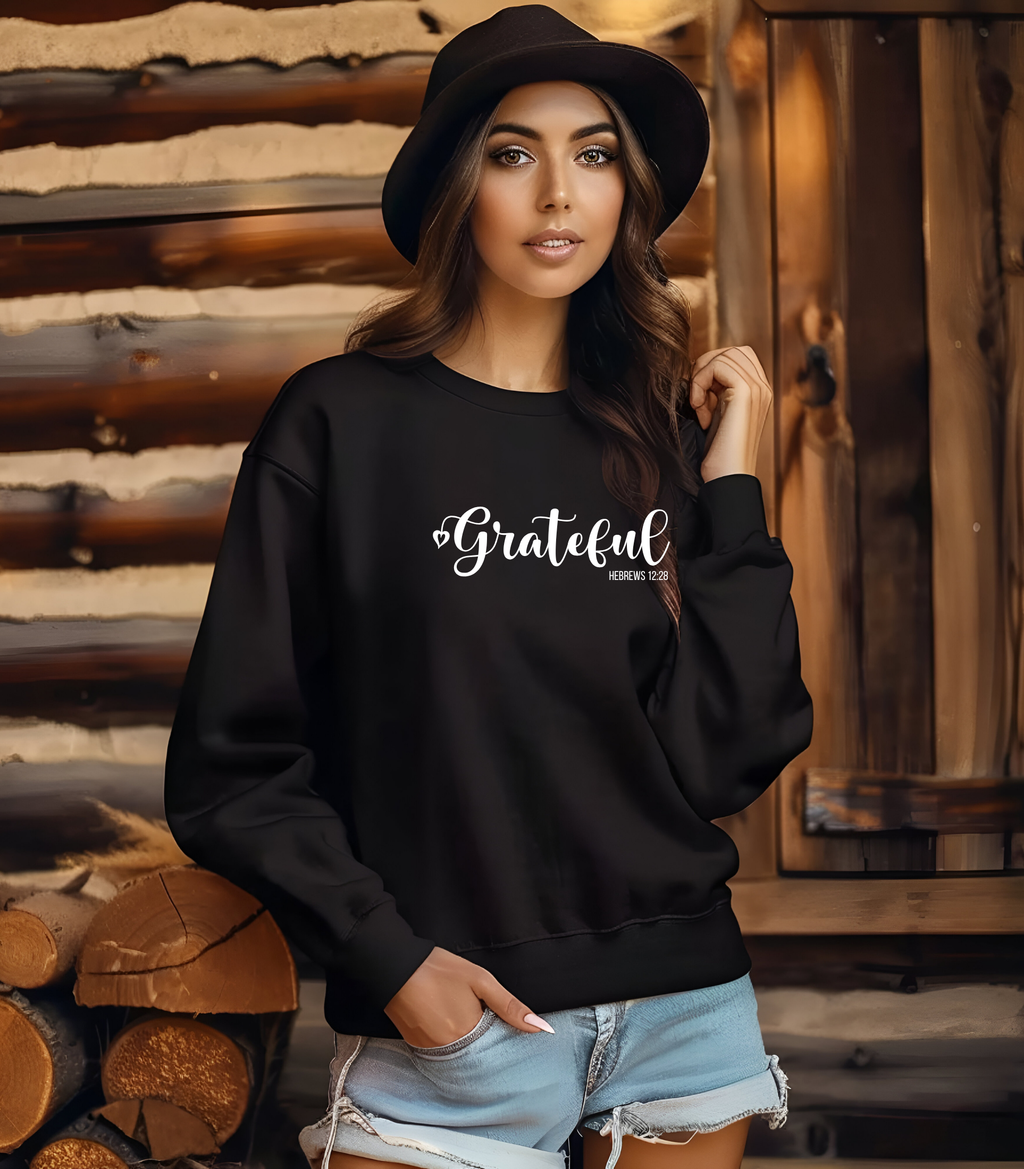 Christian Sweatshirt/t-shirt/Hoodie – “Grateful” Hebrews 12:28 Bible Verse Clothing | Faith-Based Apparel for Women & Men | Thanksgiving | Inspirational Christian Apparel & Religious Gift