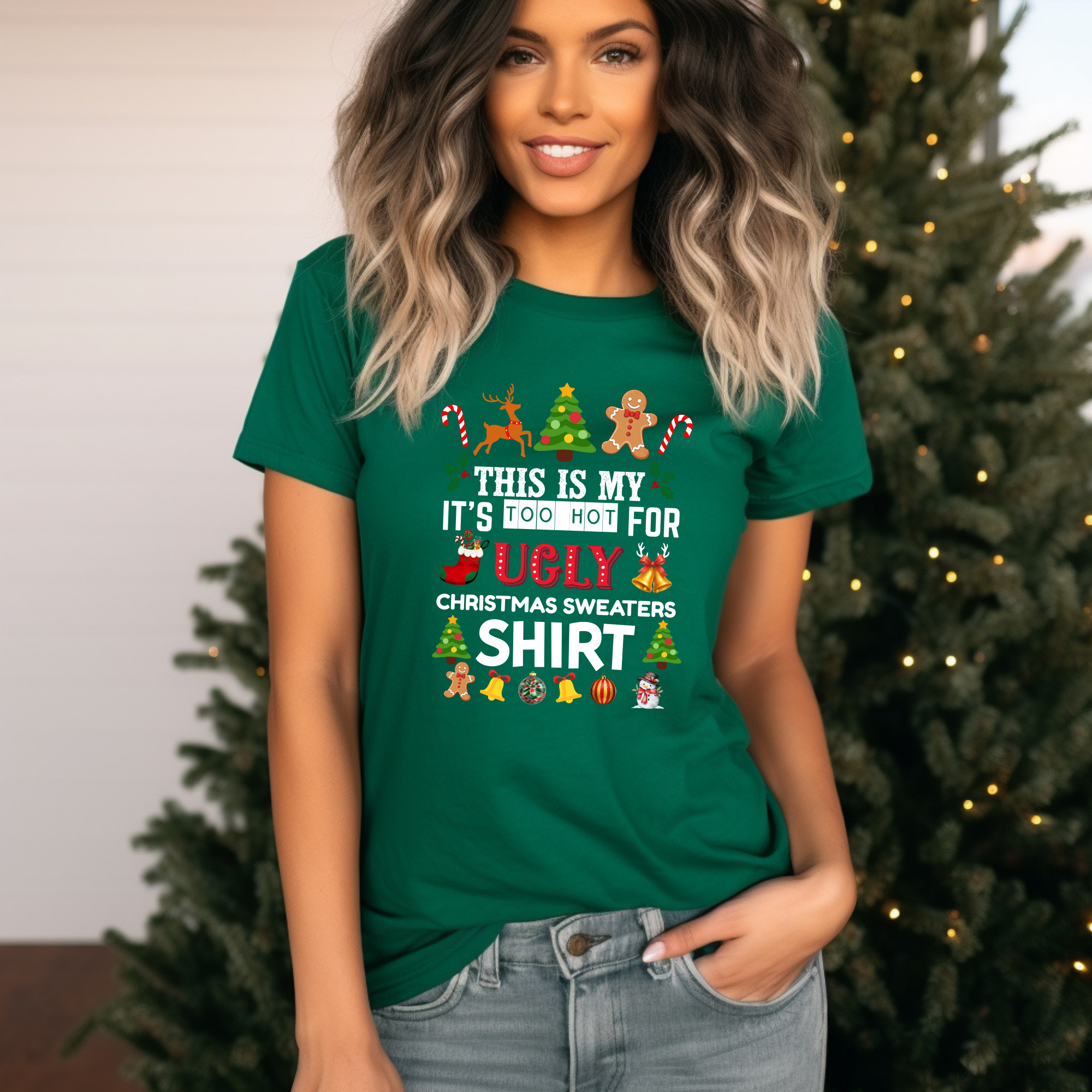 This is my It's too hot for Ugly Christmas Sweater T-Shirt - ornaments -  Funny Holiday Tee for Warm Weather| it's too hot for Christmas sweaters Shirt| | Bella+Canvas Unisex Soft Shirt
