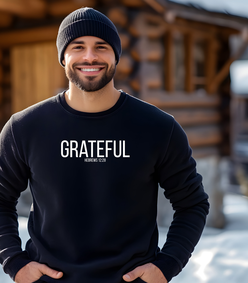 Christian Sweatshirt/t-shirt/Hoodie – “Grateful” Hebrews 12:28 Bible Verse Clothing | Faith-Based Apparel for Women & Men | Thanksgiving | Inspirational Christian Apparel & Religious Gift