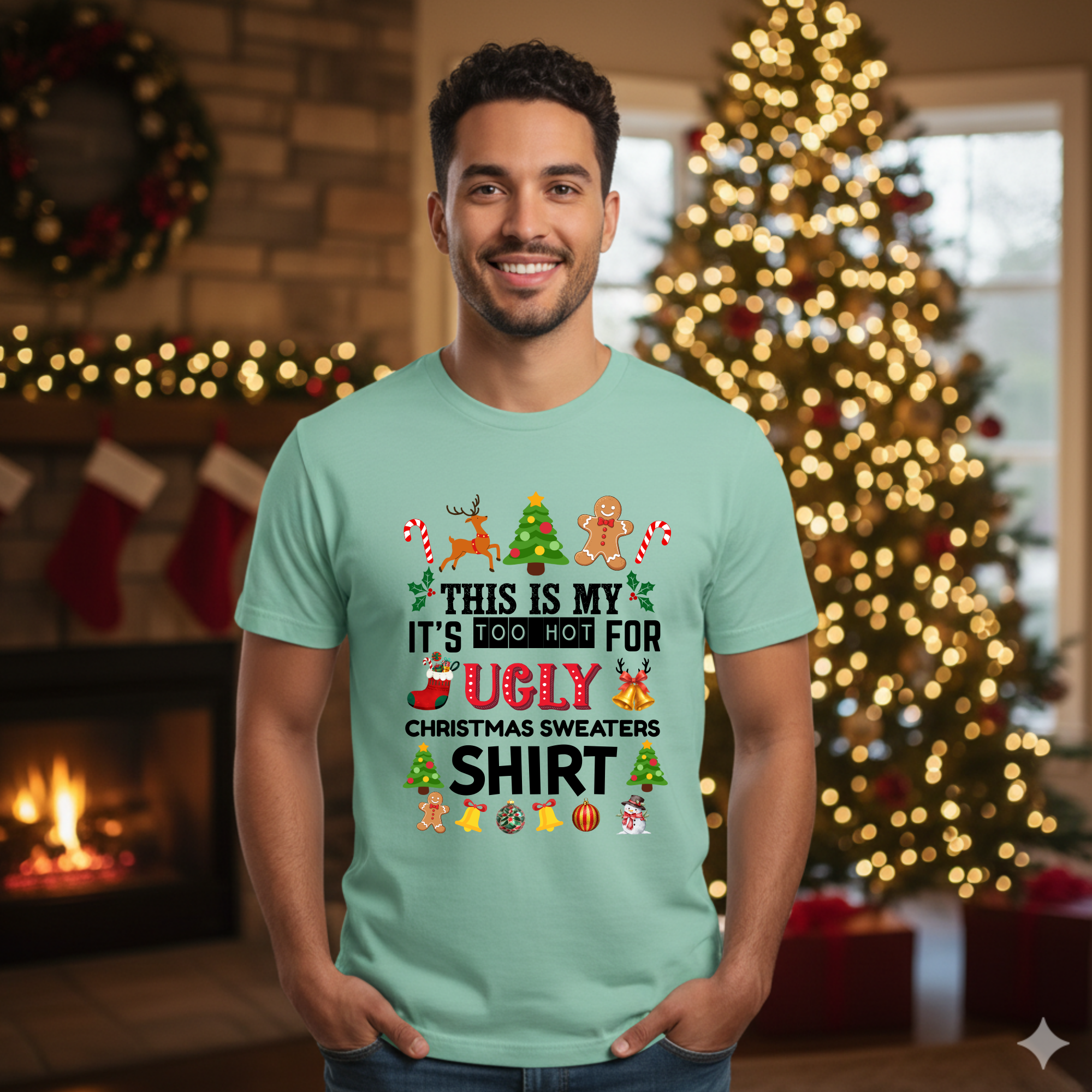 This is my It's too hot for Ugly Christmas Sweater T-Shirt - ornaments -  Funny Holiday Tee for Warm Weather| it's too hot for Christmas sweaters Shirt| | Bella+Canvas Unisex Soft Shirt