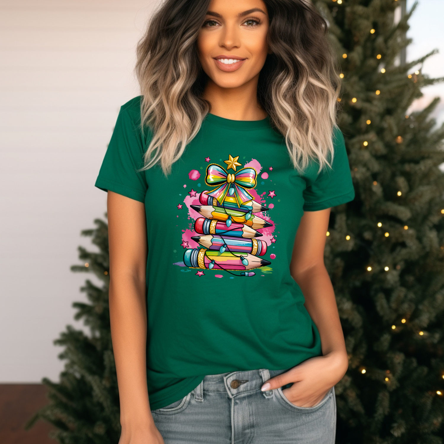 Holiday Shirts for Teachers – Colorful Pencil tree - Funny & Festive Christmas Collection